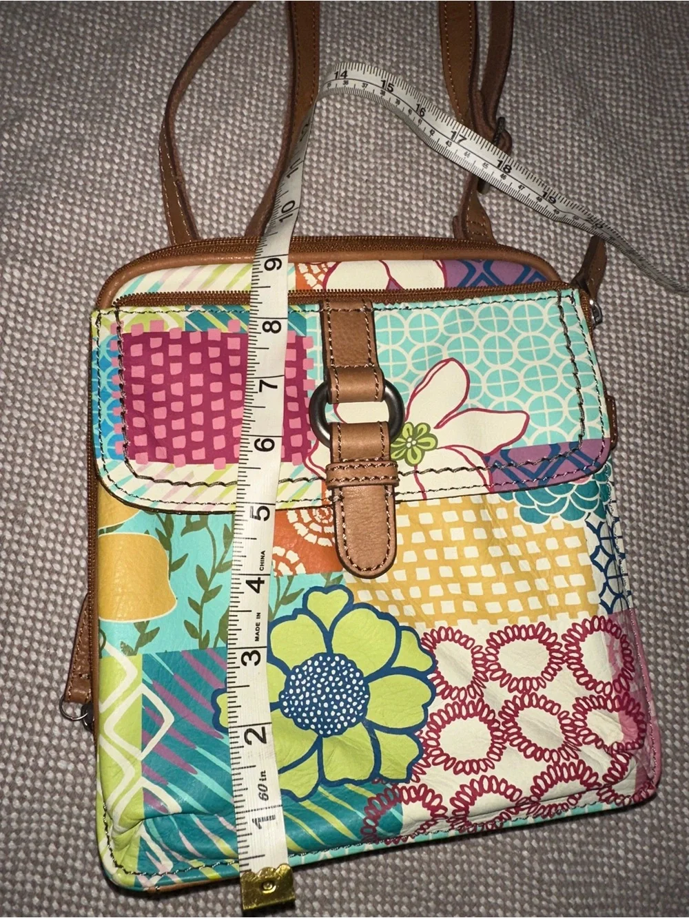Fossil Patchwork Floral Crossbody in Multicolor with Brown Trim